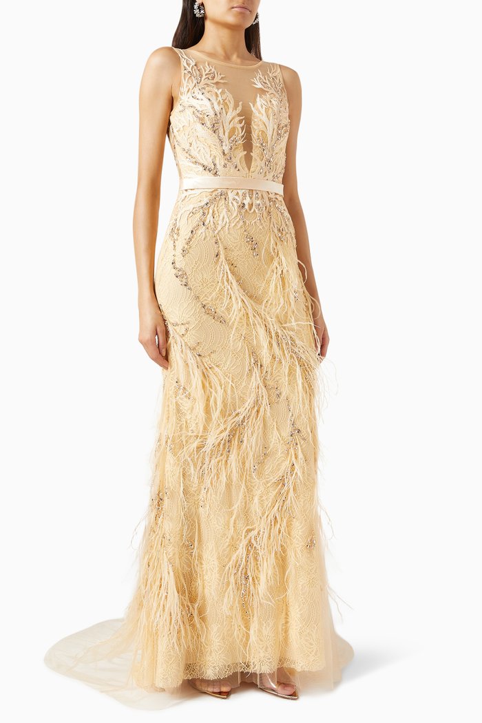 

Illusion Burnout Feather-embellished Gown, Gold