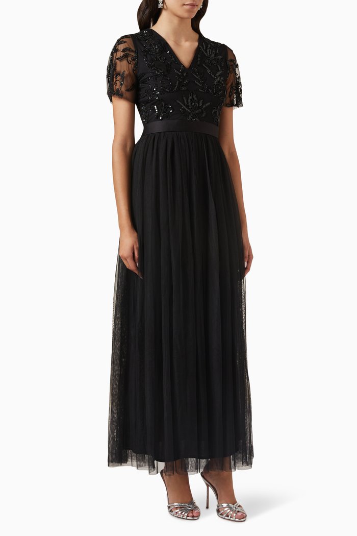 

Floral Sequin-embellished Maxi Dress in Tulle, Black