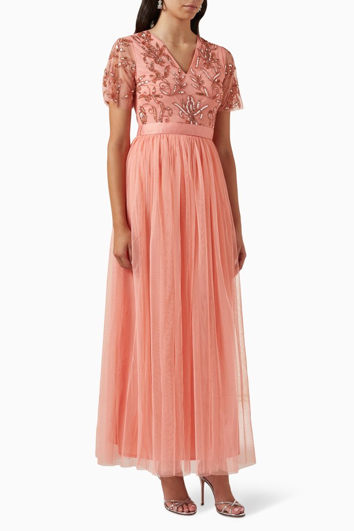 Floral Sequin-embellished Maxi Dress in Tulle, Pink