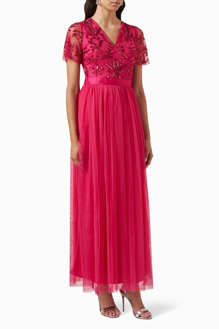Floral Sequin-embellished Maxi Dress in Tulle, Pink