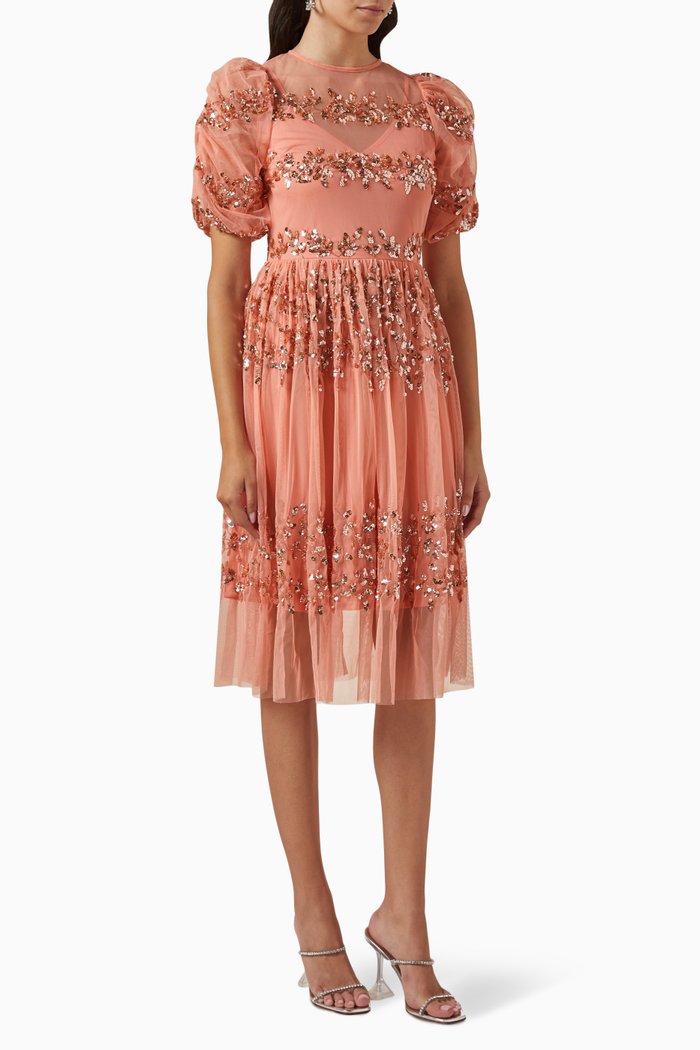 Floral Sequin-embellished Midi Dress in Tulle, Pink