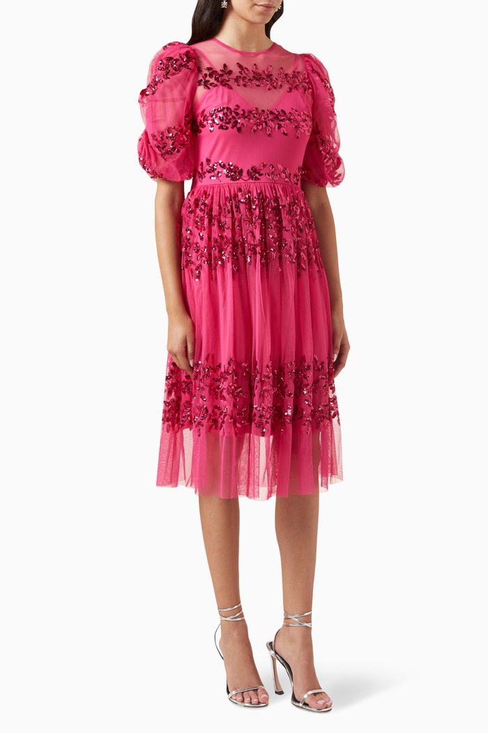 Floral Sequin-embellished Midi Dress in Tulle, Pink
