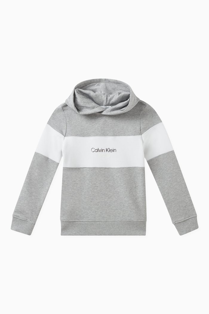 Colour Block Logo-print Hoodie in Cotton, Grey
