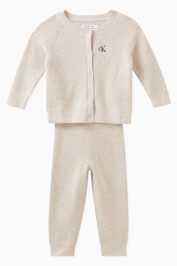 

Cardigan & Pants in Organic Cotton Ribbed Confetti Yarn, Neutral