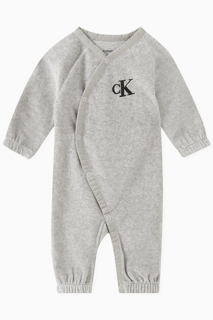 

Logo-embroidered Wrap-over Sleepsuit in Cotton, Grey