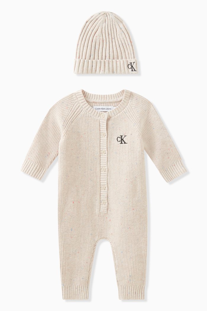 

Onesie & Hat Giftset in Organic Cotton Ribbed Confetti Yarn, Neutral