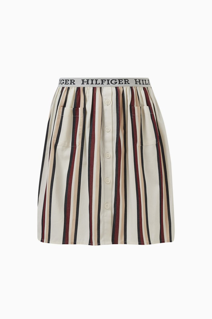 Striped Logo-detail Skirt in Cotton, Neutral
