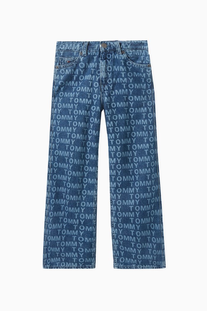 

All-over Lasered Logo Pattern Jeans in Denim, Blue
