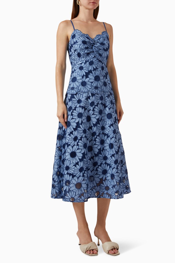 

Daisy Midi Dress in Guipure Lace, Blue