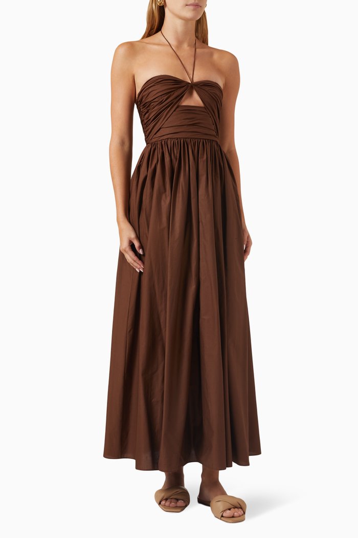 Bandeau Ruched Maxi Dress in Cotton, Brown
