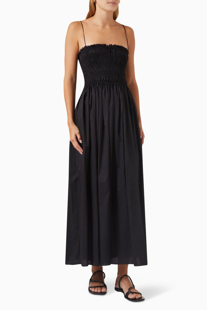 

Shirred Bodice Maxi Dress in Organic Cotton, Black