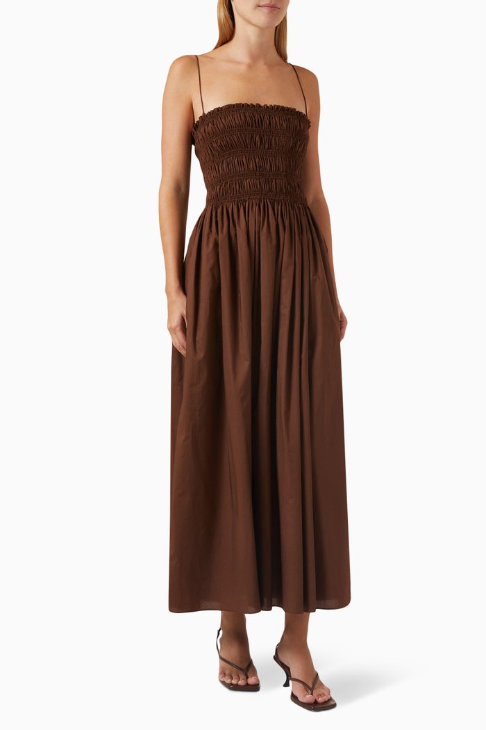 Shirred Bodice Maxi Dress in Organic Cotton, Brown