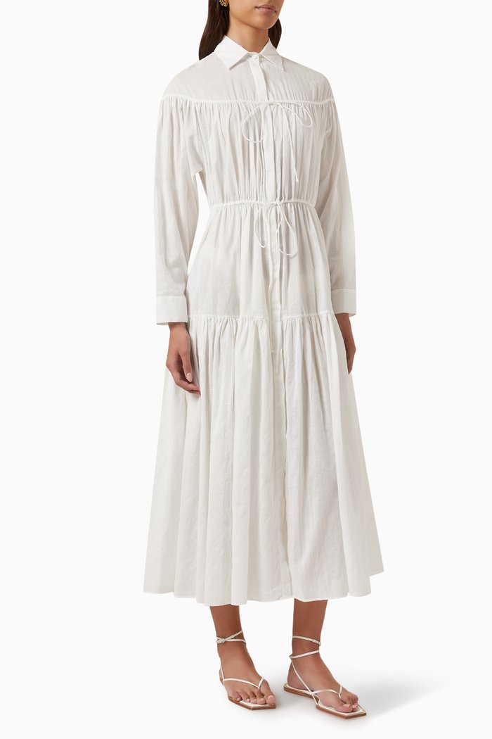 

Embroidered Tiered Drawcord Dress in Cotton, White