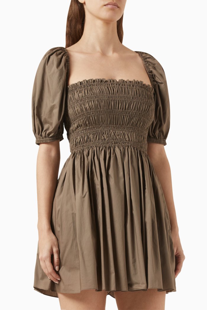 Shirred Mini Dress in Organic Cotton, Green