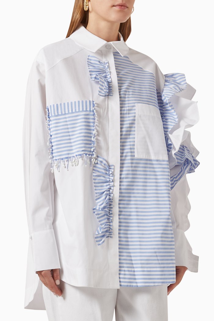 

Frill Striped Shirt, White