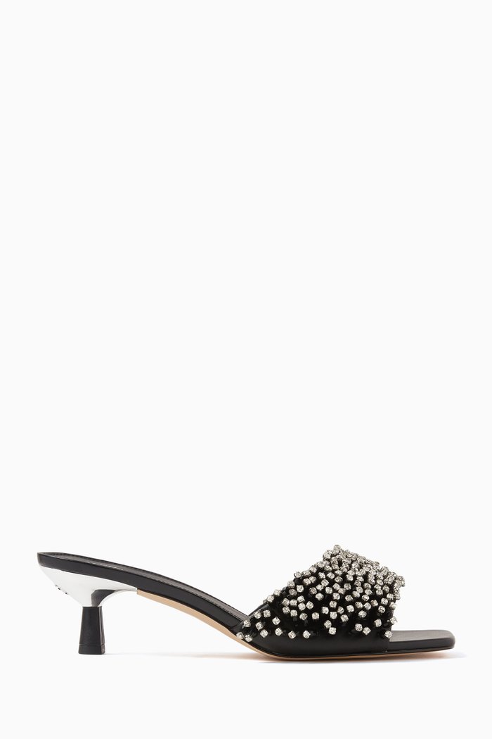 

Amal Crystal Kitten Mule Sandals in Leather, Black
