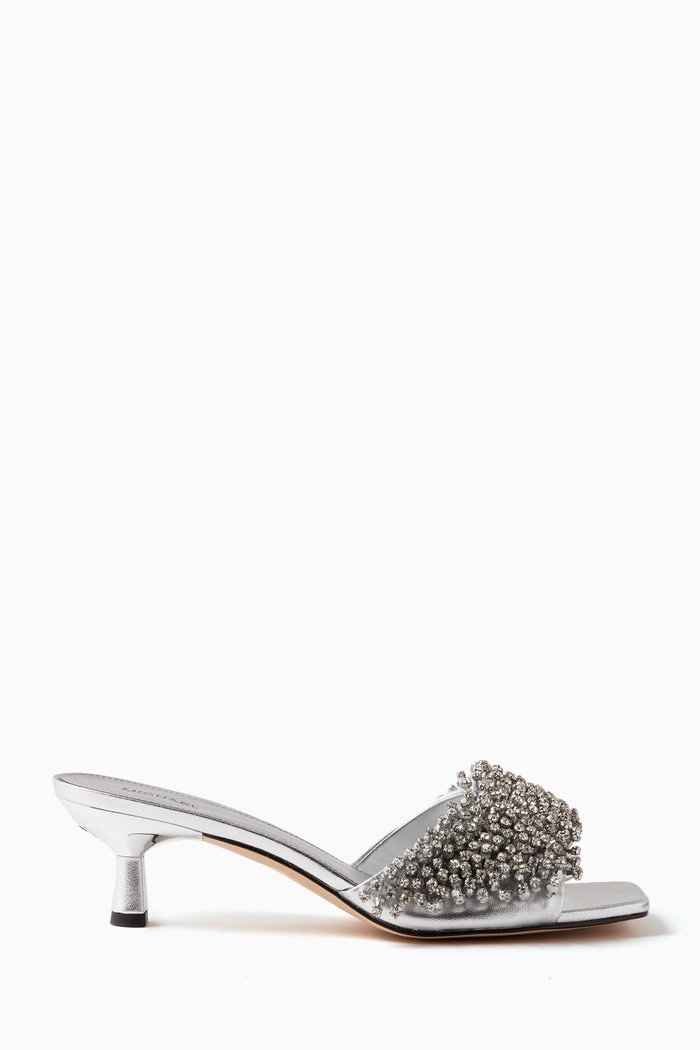 

Amal Crystal Kitten Mule Sandals in Leather, Silver