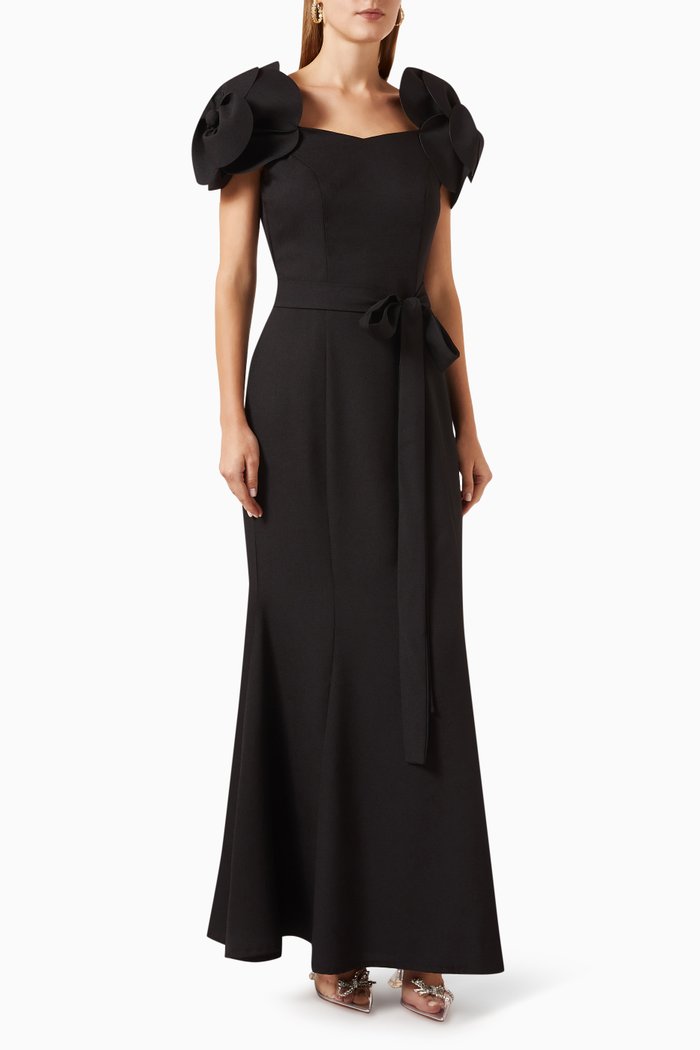 

Belted Mermaid Maxi Dress in Crêpe, Black