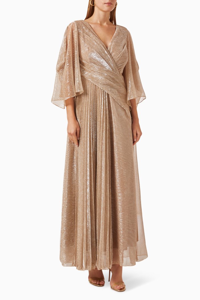 

Cape-sleeve Shimmer Maxi Dress, Gold