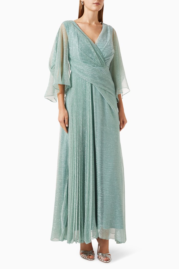 

Cape-sleeve Shimmer Maxi Dress, Green