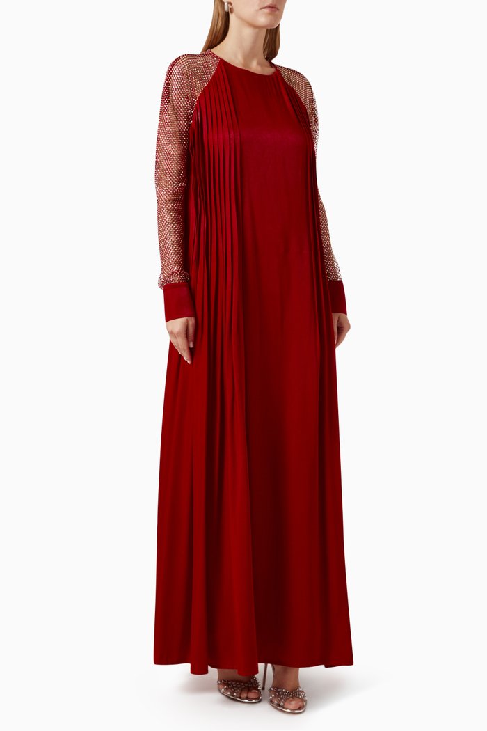 

Embellished Mesh-sleeve Maxi Dress, Red