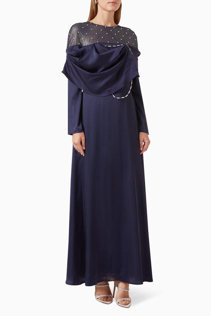 

Faux-pearl Embellished Maxi Dress in Satin-crêpe, Blue