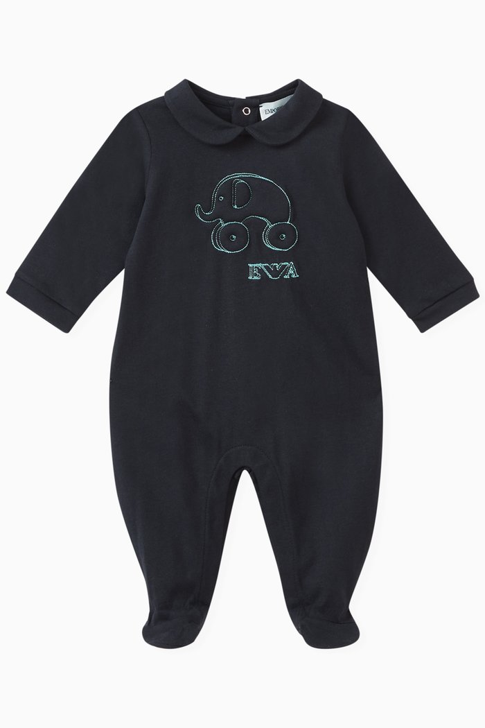

Embroidered Elephant Sleepsuit in Cotton, Blue