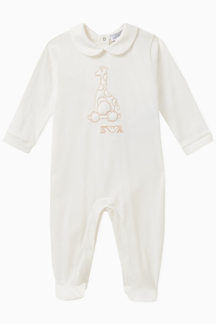 

Embroidered Elephant Sleepsuit in Cotton, White