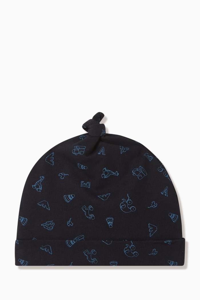 

Printed Beanie in Cotton-knit, Blue