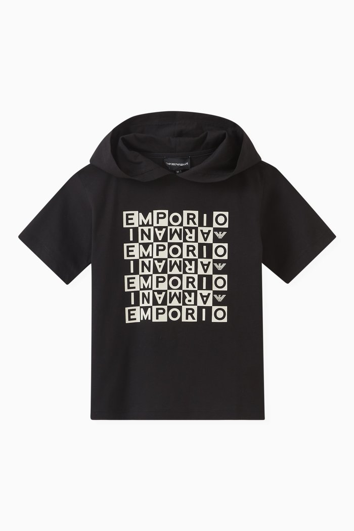 

Graphic Logo Print Hooded T-shirt in Cotton, Black