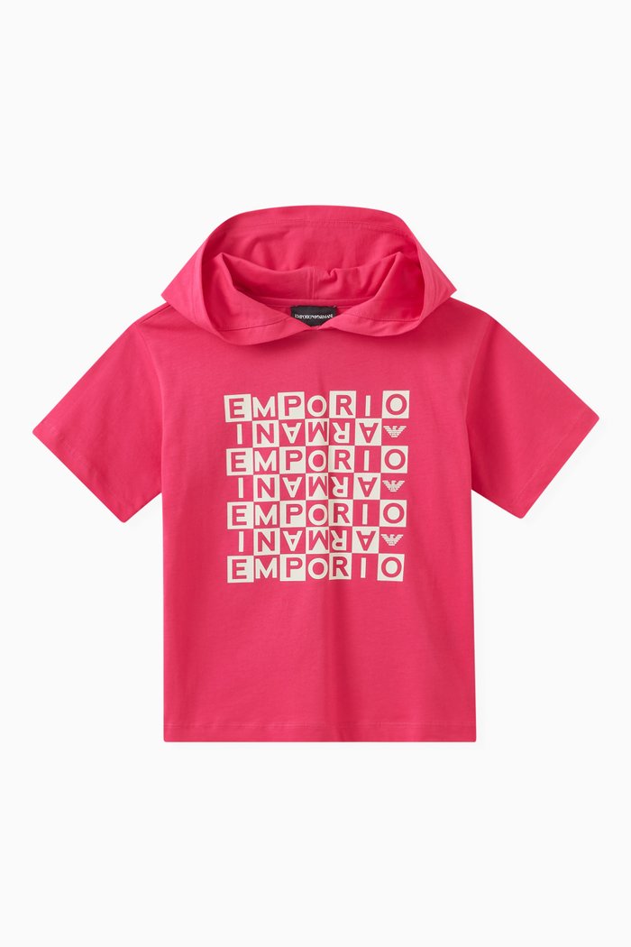 

Graphic Logo Print Hooded T-shirt in Cotton, Pink