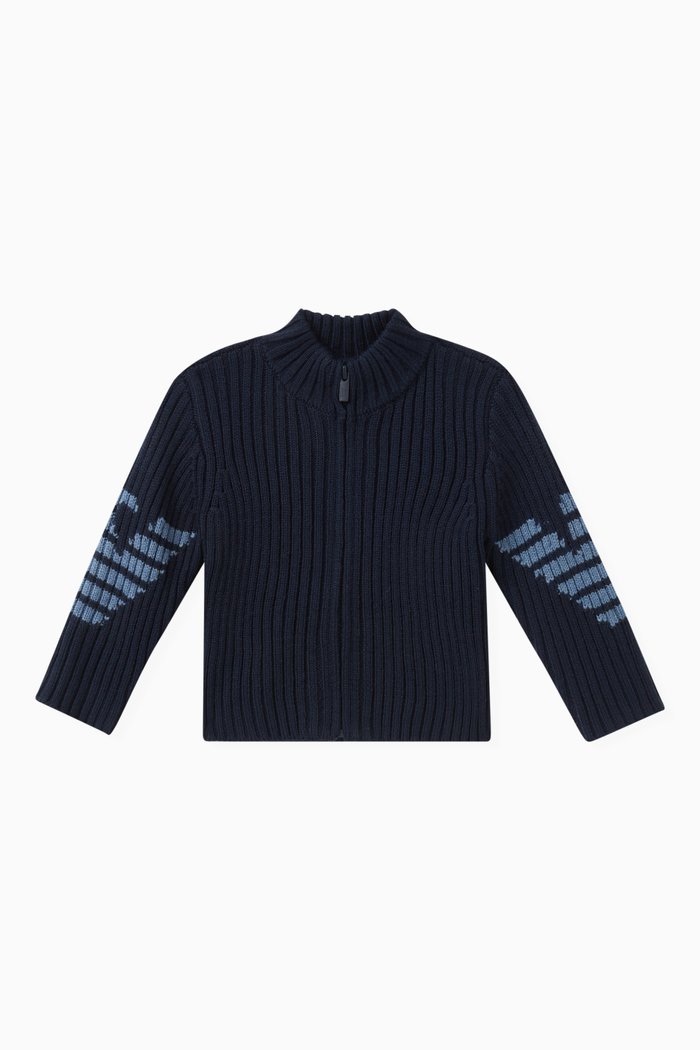 Logo Intarsia Zip-up Cardigan, Blue