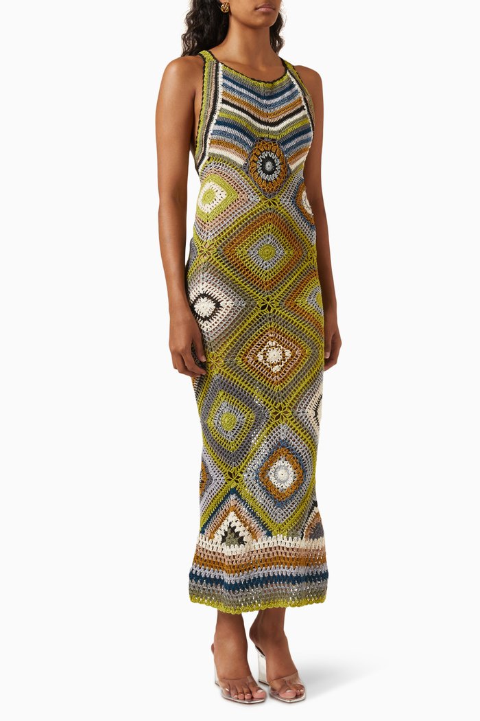 Esmeralda Maxi Dress in Crochet Cotton, Multicolour
