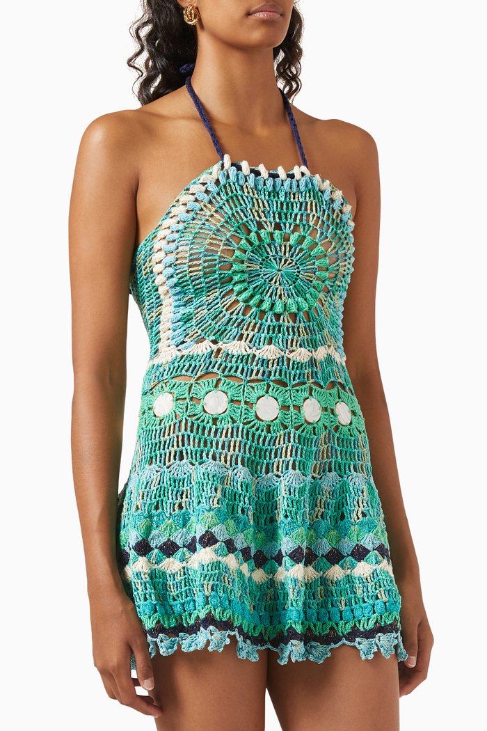 

Halterneck Mini Dress in Crochet Cotton, Green