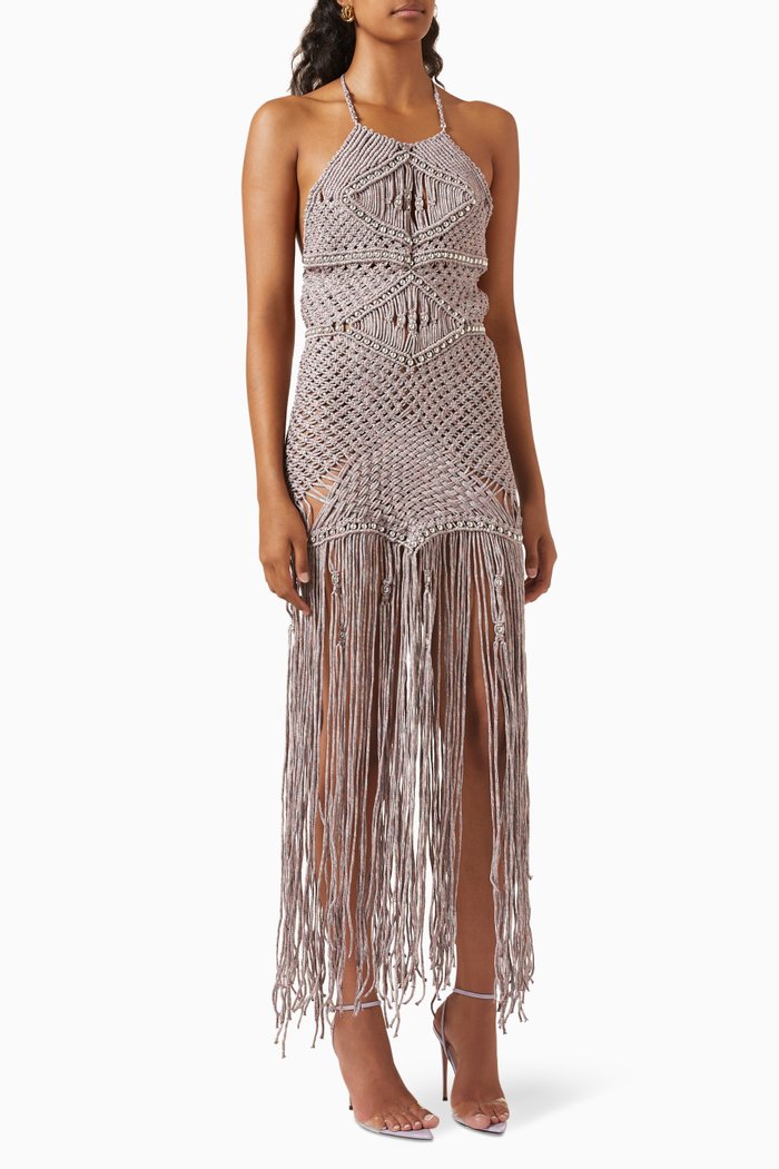 Guaruja Fringe Dress in Crochet Cotton, Grey