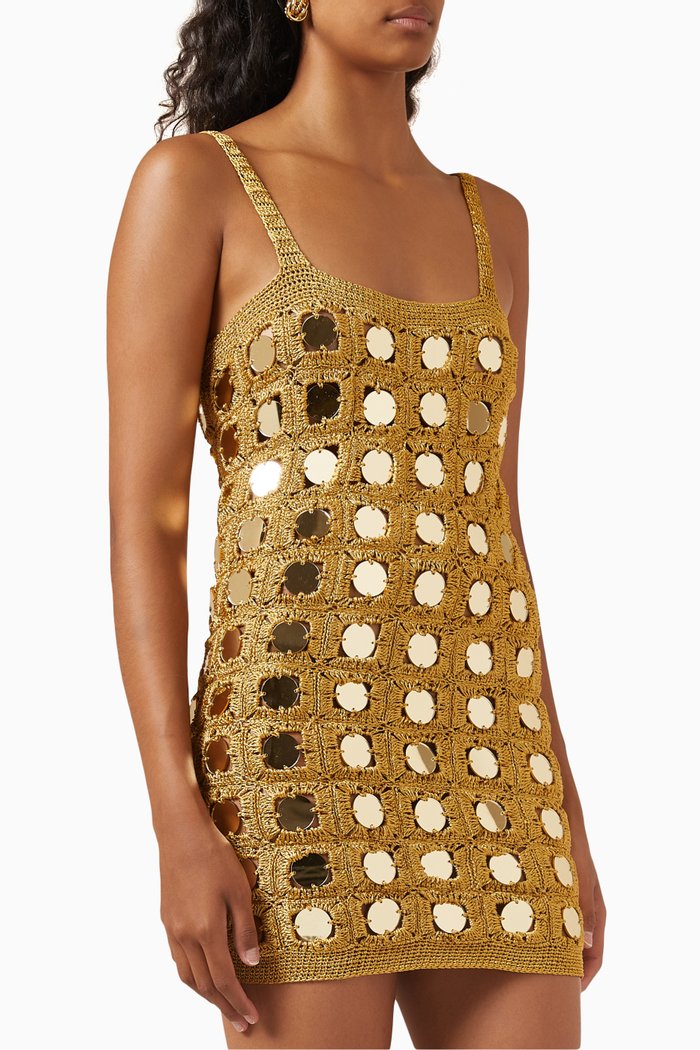Translucid Sequin Dress in Crochet Cotton, Gold