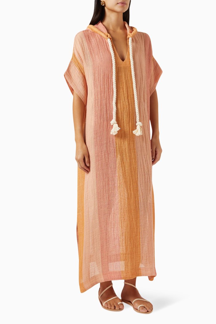 

Hooded Kaftan in Striped Gauze, Multicolour