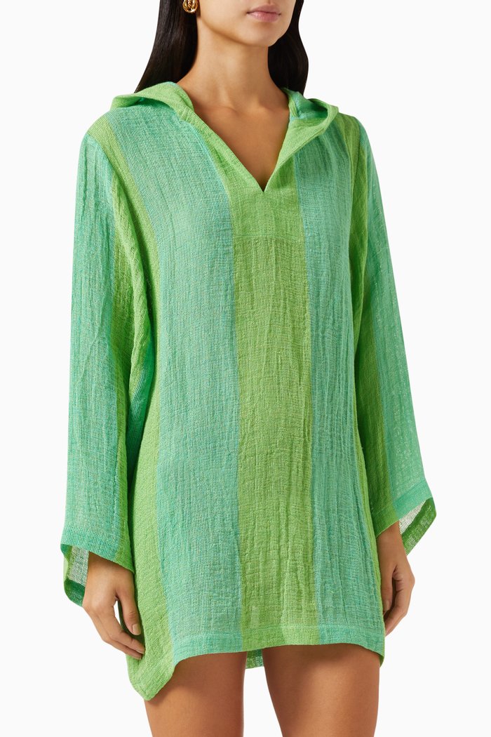 

The Beach Hooded Mini Tunic in Striped Gauze, Green
