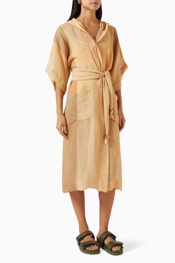 Hooded Dressing Robe in Striped Gauze, Multicolour