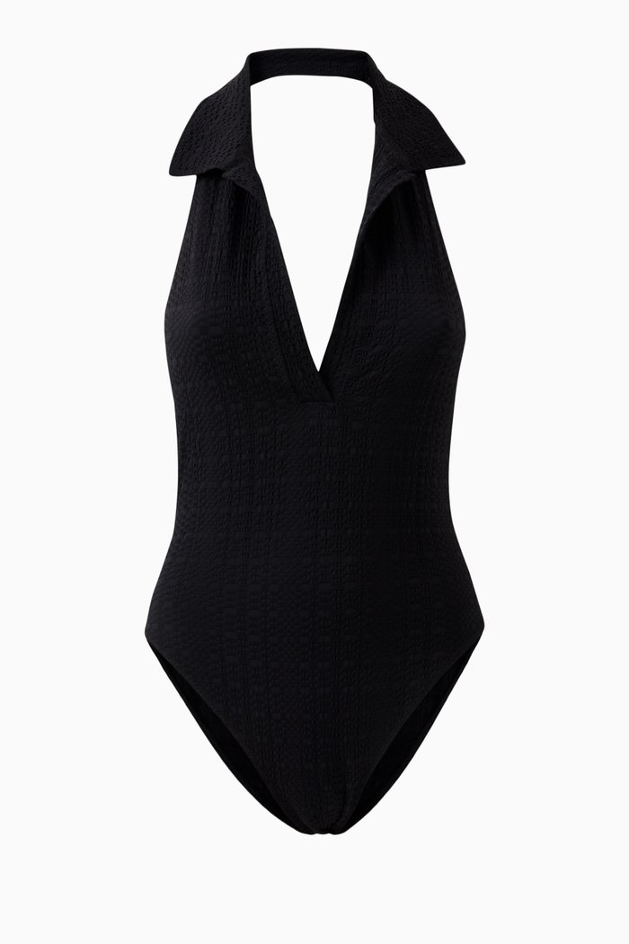 

Polo One-piece Swimsuit in Seersucker, Black