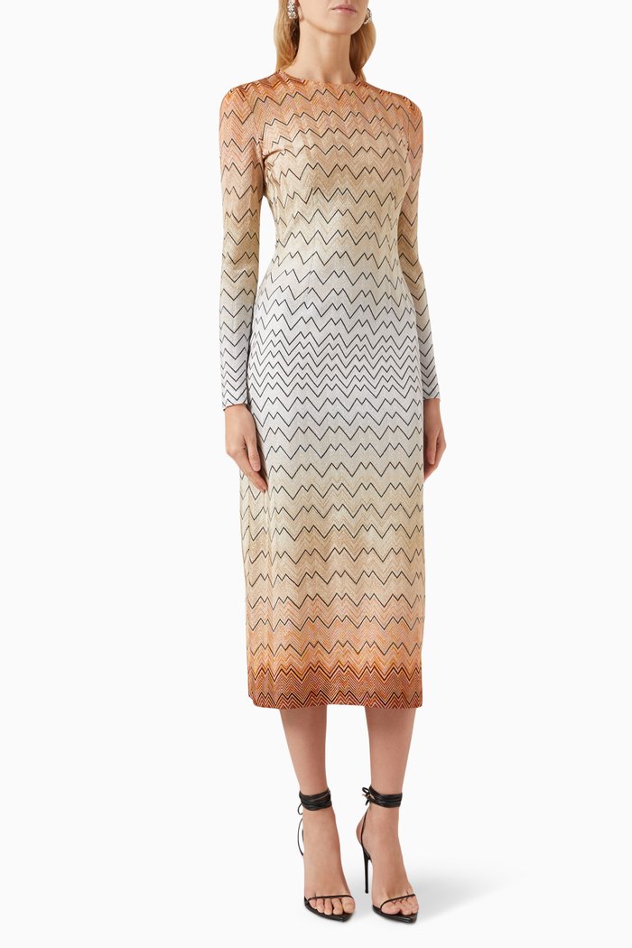

Zig-zag Midi Dress in Dégradé Lamé, Orange