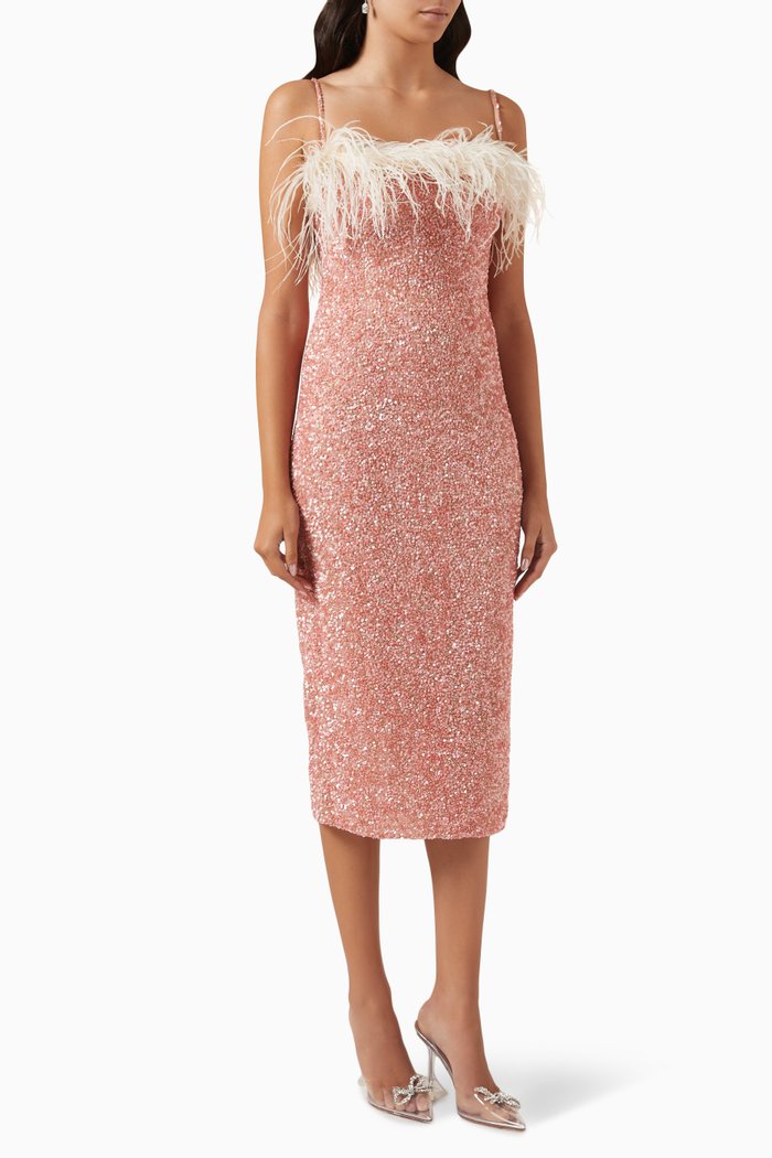 

Feather Beaded Midi Dress in Nylon, Pink
