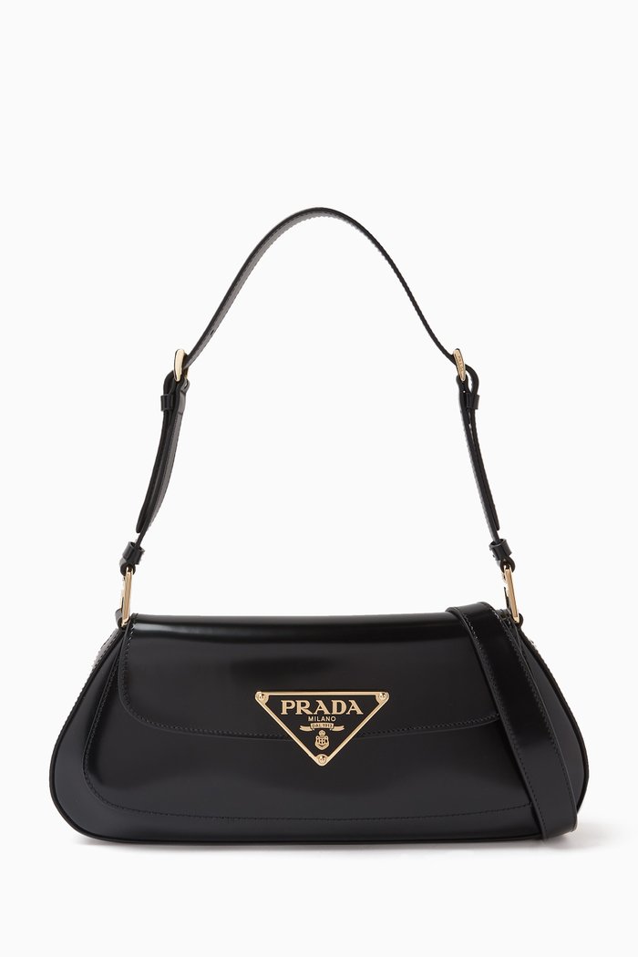 

Triangle Logo Shoulder Bag in Brushed Leather, Black
