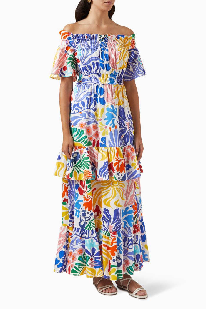 

Elena Off-shoulder Maxi Dress in Cotton, Multicolour