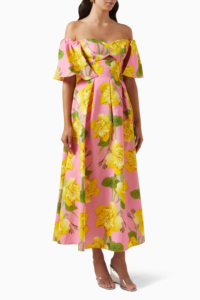

Giovanna Off-shoulder Midi Dress in Cotton-blend Twill, Multicolour