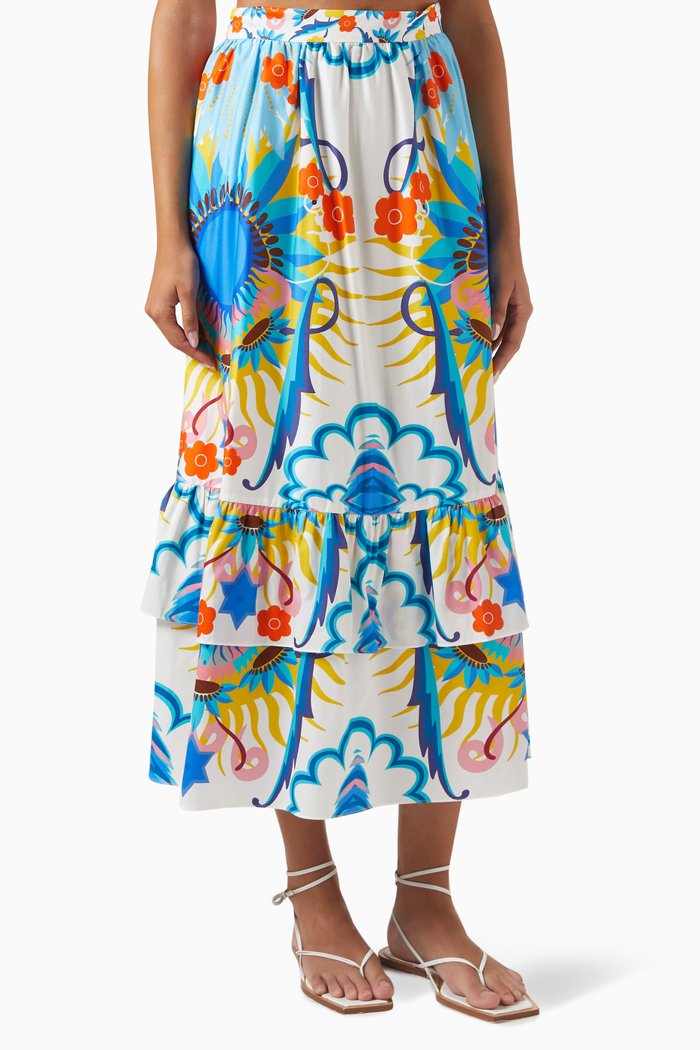 

Paulina Tiered Midi Skirt in Cotton, Multicolour