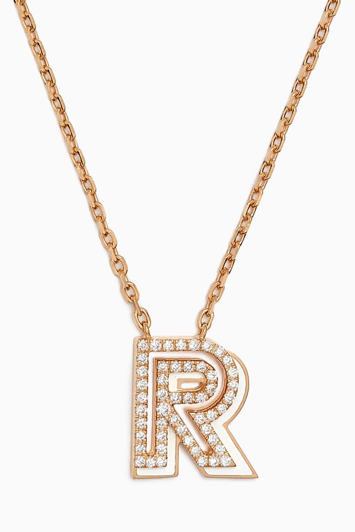 

'R' Shadow Letter Diamond & Enamel Necklace in 18kt Gold, White