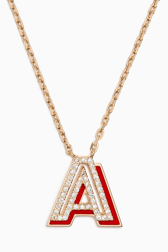 

'A' Shadow Letter Diamond & Enamel Necklace in 18kt Gold, Red