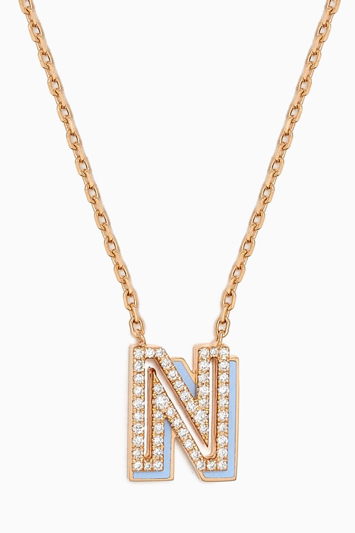 

'N' Shadow Letter Diamond & Enamel Necklace in 18kt Gold, Blue