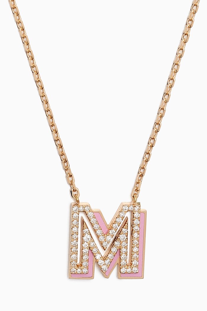 

'M' Shadow Letter Diamond & Enamel Necklace in 18kt Gold, Pink
